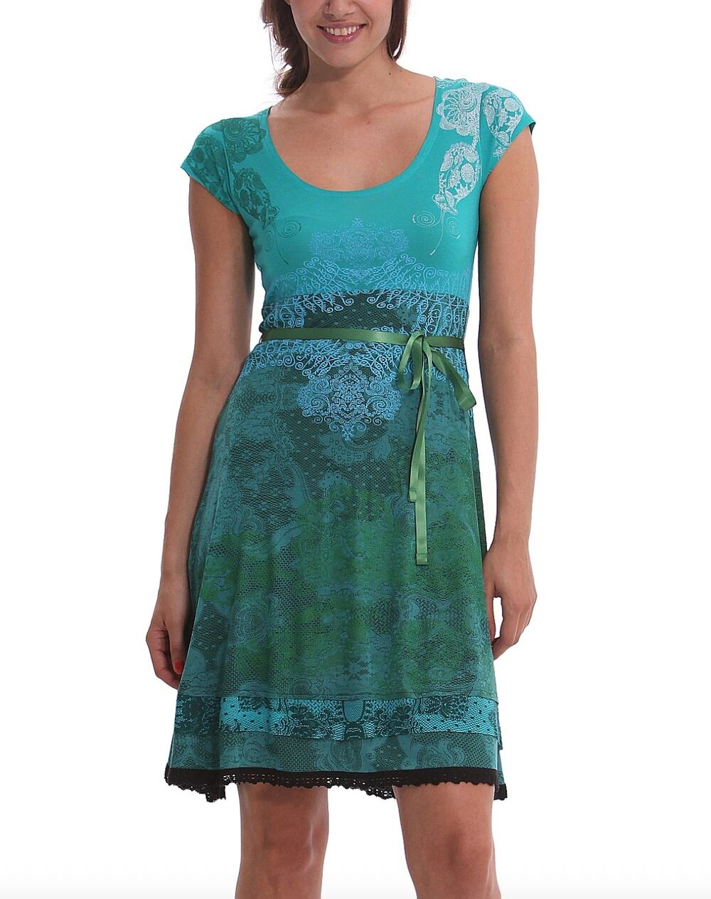 Desigual Teal Green Lace Print Short Cap Sleeve Stretch Dress Viscose L Large